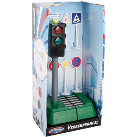 Spielzeug-Ampel mit Zebrastreifen, verpackt in einer Box mit Verkehrsschildern und Stadtansicht.