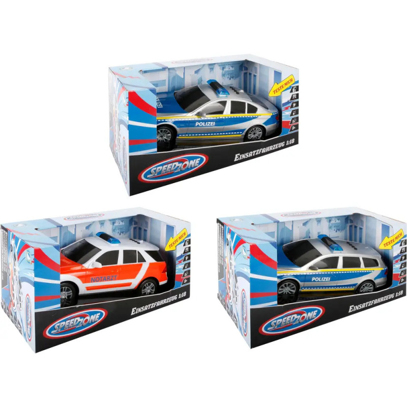 Drei Spielzeug-Einsatzfahrzeuge in Boxen: zwei Polizeiautos, ein Rettungswagen, beschriftet mit Speed One und Einsatzfahrzeug.