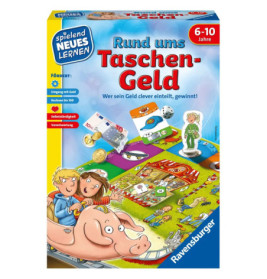 Spielschachtel Rund ums Taschengeld mit gezeichneten Kindern, Sparschwein und geldbezogenen Illustrationen.