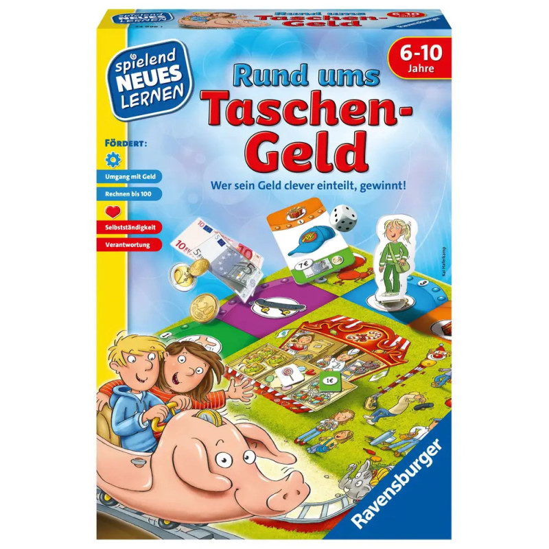 Spielschachtel Rund ums Taschengeld mit gezeichneten Kindern, Sparschwein und geldbezogenen Illustrationen. Spielschachtel Rund ums Taschengeld mit gezeichneten Kindern, Sparschwein und geldbezogenen Illustrationen.