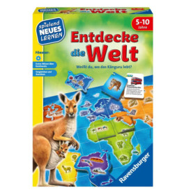 Spiel Entdecke die Welt von Ravensburger für 5-10 Jahre, mit Kängurus und Weltkarte auf dem Karton.