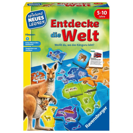 Spiel Entdecke die Welt von Ravensburger für 5-10 Jahre, mit Kängurus und Weltkarte auf dem Karton.