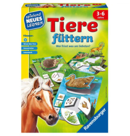 Box des Ravensburger Spiels Tiere füttern mit Abbildungen von Pferd, Ente und Igel.