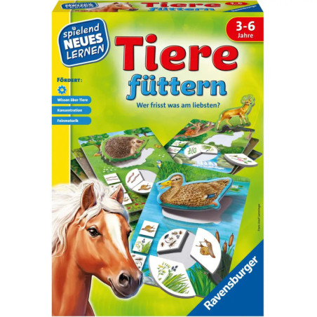 Box des Ravensburger Spiels Tiere füttern mit Abbildungen von Pferd, Ente und Igel. Box des Ravensburger Spiels Tiere füttern mit Abbildungen von Pferd, Ente und Igel.