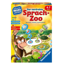 Bunte Spielschachtel mit Comic-Affe, weiteren Tieren und dem Titel Der verdrehte Sprach-Zoo von Ravensburger.