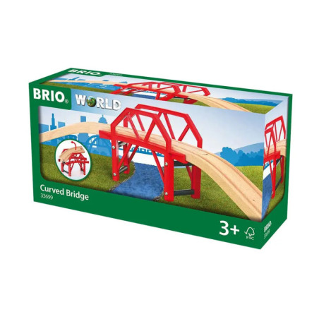 BRIO World Curved Bridge Spielzeug ab 3 Jahren, zeigt eine rote Holzbrücke über Wasser auf der Verpackung.