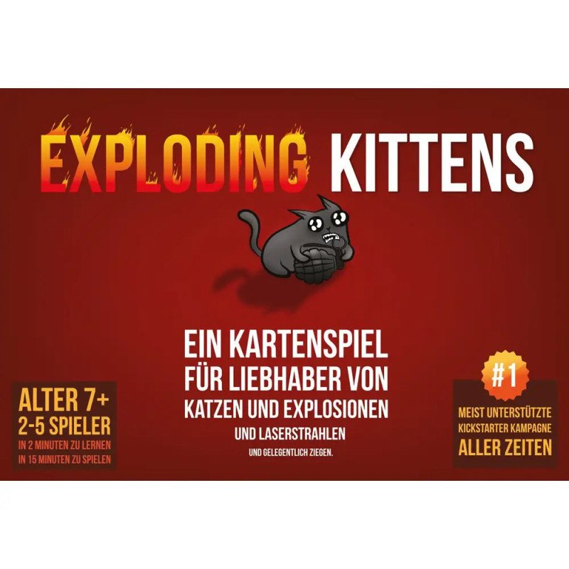 Exploding Kittens Kartenspiel-Box auf Deutsch mit Cartoon-Katze, die eine Bombe hält, vor rotem Hintergrund.