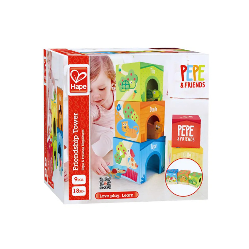 Ein Kleinkind spielt mit bunten Stapelblöcken aus dem Hape Friendship Tower, geeignet ab 18 Monaten. Ein Kleinkind spielt mit bunten Stapelblöcken aus dem Hape Friendship Tower, geeignet ab 18 Monaten.