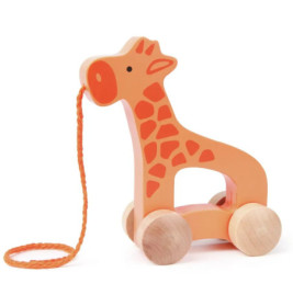Holzgiraffe als Ziehspielzeug mit orangefarbenen Punkten und Rädern, befestigt an einer orangefarbenen Zugschnur.