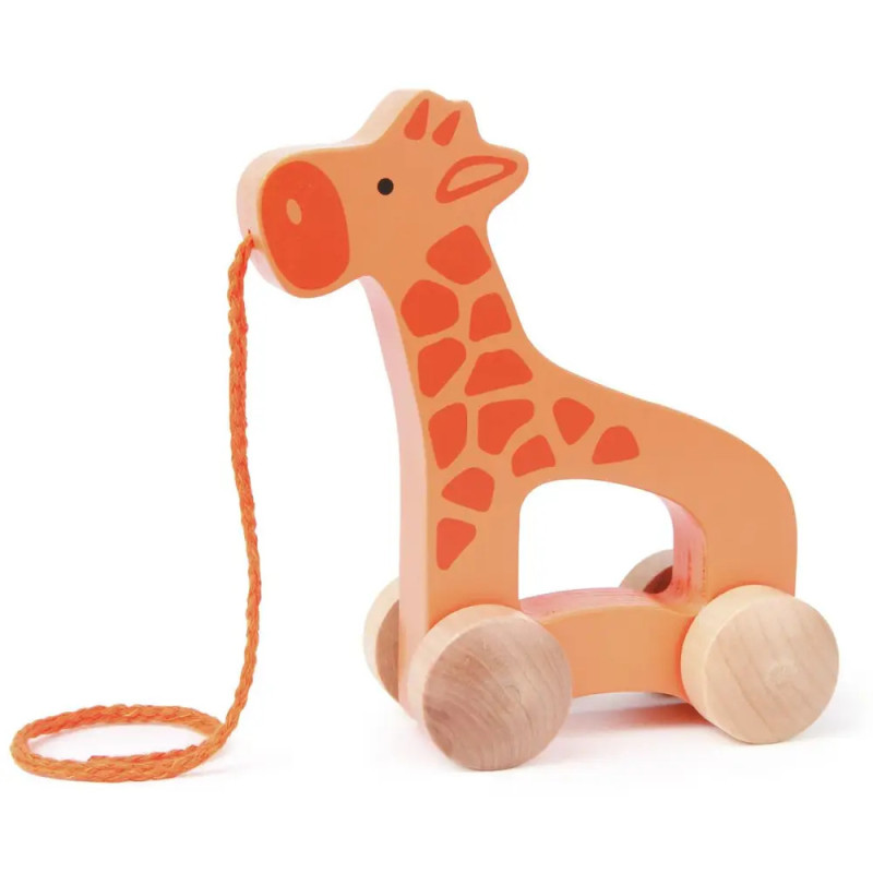 Holzgiraffe als Ziehspielzeug mit orangefarbenen Punkten und Rädern, befestigt an einer orangefarbenen Zugschnur. Holzgiraffe als Ziehspielzeug mit orangefarbenen Punkten und Rädern, befestigt an einer orangefarbenen Zugschnur.