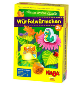 Gelbe HABA-Spielschachtel Würfelwürmchen ab 2 Jahren mit bunten Würmern, Insekten und Blumen.