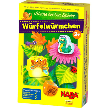 Gelbe HABA-Spielschachtel Würfelwürmchen ab 2 Jahren mit bunten Würmern, Insekten und Blumen. Gelbe HABA-Spielschachtel Würfelwürmchen ab 2 Jahren mit bunten Würmern, Insekten und Blumen.