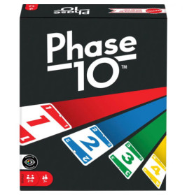 Phase 10 Kartenspiel-Box mit bunten Zahlenkarten, die diagonal über einen schwarzen Hintergrund verlaufen.