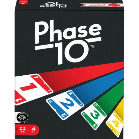 Phase 10 Kartenspiel-Box mit bunten Zahlenkarten, die diagonal über einen schwarzen Hintergrund verlaufen. Phase 10 Kartenspiel-Box mit bunten Zahlenkarten, die diagonal über einen schwarzen Hintergrund verlaufen.