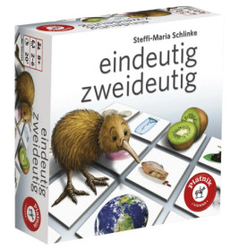 Spielschachtel mit Kiwi-Vogel und illustrierten Kacheln, Titel eindeutig zweideutig von Steffi-Maria Schlinke.