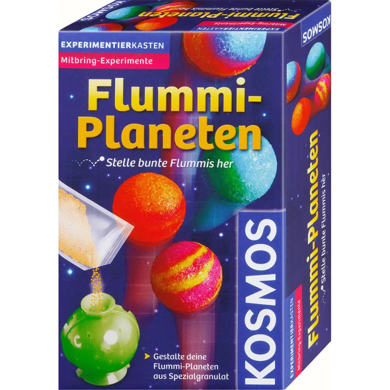 Flummi-Planeten-Set von Kosmos mit bunten, springenden Planeten und deutlichem Markenlogo auf der Verpackung.