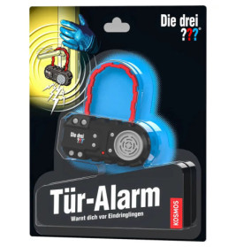 Verpackung des Tür-Alarms von Die drei mit Gerät und behandschuhter Hand, die eine Tür öffnet.