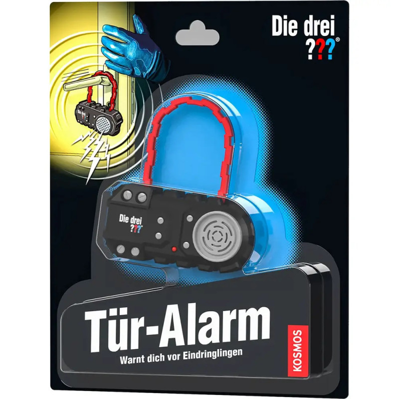 Verpackung des Tür-Alarms von Die drei mit Gerät und behandschuhter Hand, die eine Tür öffnet. Verpackung des Tür-Alarms von Die drei mit Gerät und behandschuhter Hand, die eine Tür öffnet.