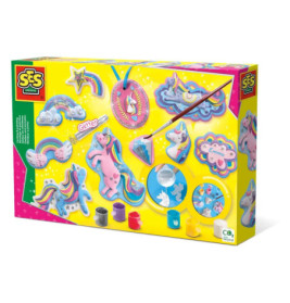 SES Creative Gießset mit Einhorn- und Regenbogenmotiv, inklusive Formen, Farben und Glitzer, abgebildet.
