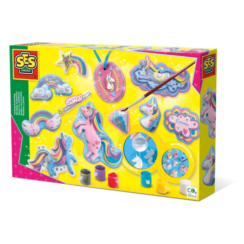 SES Creative Gießset mit Einhorn- und Regenbogenmotiv, inklusive Formen, Farben und Glitzer, abgebildet.