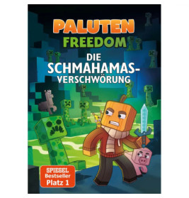 Eine blockige Figur mit Schwert steht zwischen Minecraft-Tieren und grünen Creepern.