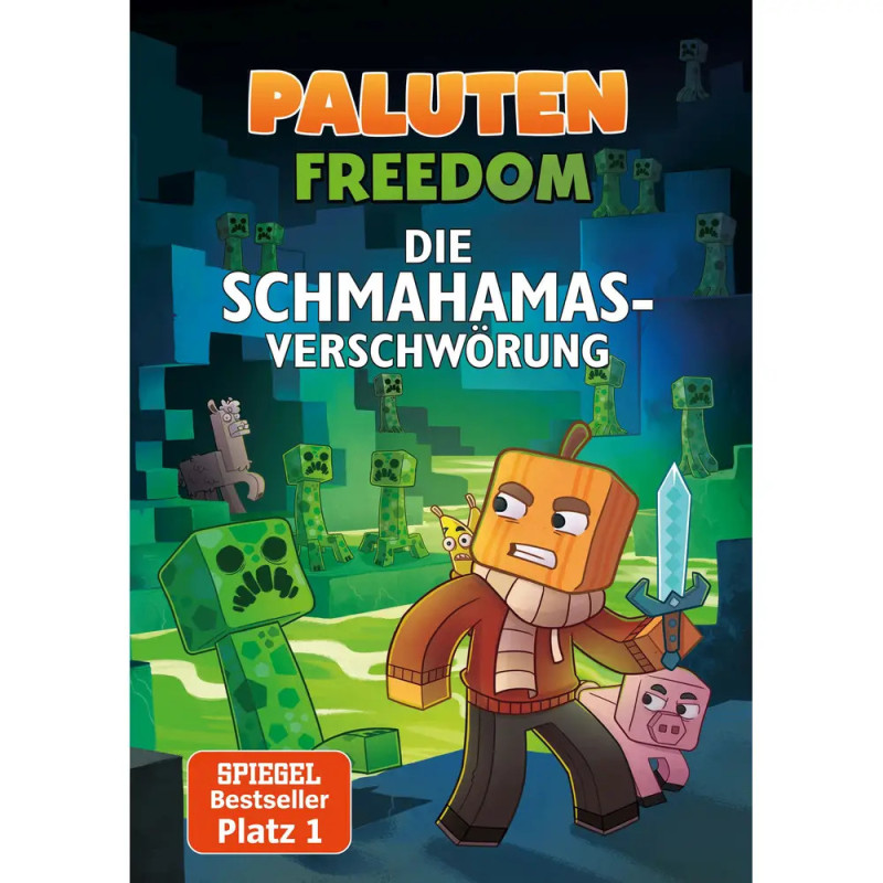 Eine blockige Figur mit Schwert steht zwischen Minecraft-Tieren und grünen Creepern.