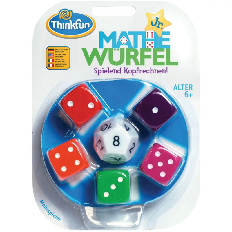 Math Würfel Jr.: Set mit sechs bunten und einem weißen Würfel in Klarsichtverpackung. Math Würfel Jr.: Set mit sechs bunten und einem weißen Würfel in Klarsichtverpackung.