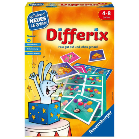 Spielbox Differix für 4-8 Jahre mit fröhlichem Hasen und bunten Bildkarten. Spielbox Differix für 4-8 Jahre mit fröhlichem Hasen und bunten Bildkarten.