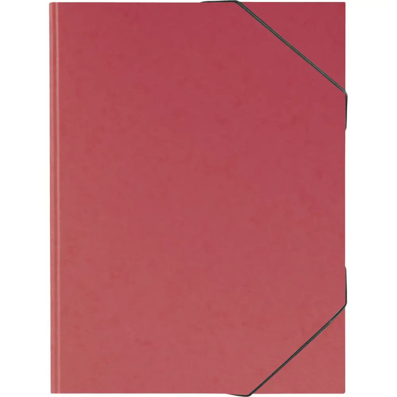 Roter Ordner mit Gummibändern an zwei Ecken, geschlossen vor schlichtem Hintergrund.