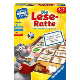 Schachtel des Spiels Die Lese-Ratte: Zeichentrickratte mit Buch, daneben einige Spielsteine.