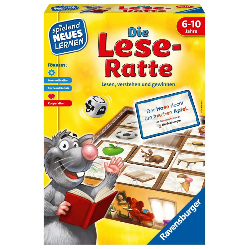 Schachtel des Spiels Die Lese-Ratte: Zeichentrickratte mit Buch, daneben einige Spielsteine. Schachtel des Spiels Die Lese-Ratte: Zeichentrickratte mit Buch, daneben einige Spielsteine.