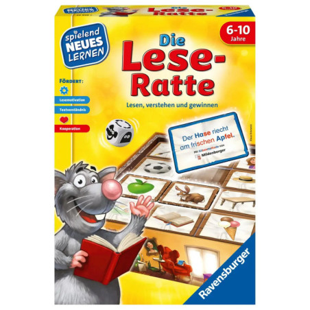 Schachtel des Spiels Die Lese-Ratte: Zeichentrickratte mit Buch, daneben einige Spielsteine. Schachtel des Spiels Die Lese-Ratte: Zeichentrickratte mit Buch, daneben einige Spielsteine.