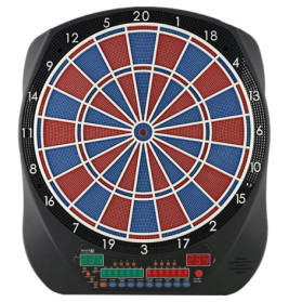 Elektronische Dartscheibe mit roten und blauen Feldern, Ziffern 1-20 und digitaler Anzeige unten.