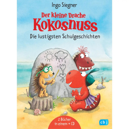 Ein Drache und ein Igel zeichnen am Strand auf einen Felsen deutsches Kinderbuch-Cover.