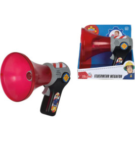 Rotes und graues Spielzeug-Feuerwehrmegafon mit Verpackung, auf der ein Feuerwehr-Cartoon abgebildet ist.