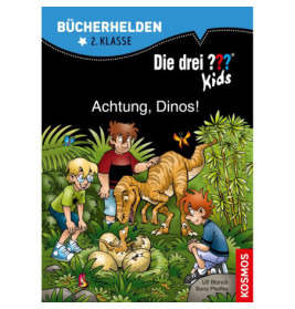 Drei Kinder und ein Dinosaurier im Dschungel, während Eier schlüpfen und Schmetterlinge fliegen.