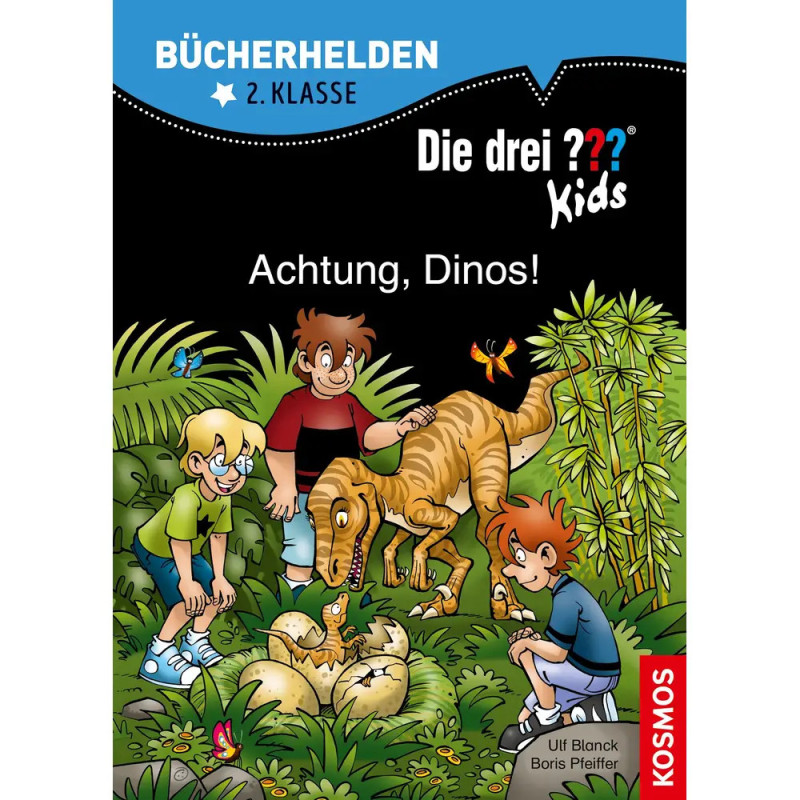 Drei Kinder und ein Dinosaurier im Dschungel, während Eier schlüpfen und Schmetterlinge fliegen.