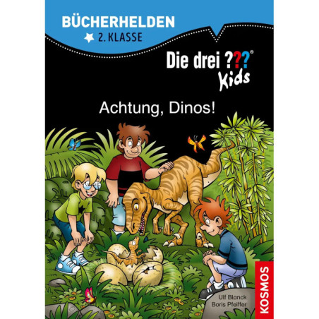 Drei Kinder und ein Dinosaurier im Dschungel, während Eier schlüpfen und Schmetterlinge fliegen.