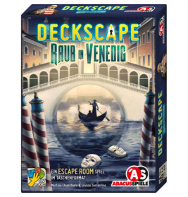 Deckscape: Raub in Venedig Spielschachtel mit Gondel, Masken und venezianischem Kanal unter einer Brücke.