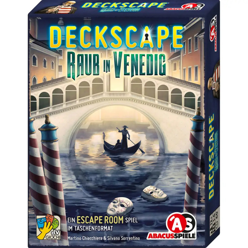 Deckscape: Raub in Venedig Spielschachtel mit Gondel, Masken und venezianischem Kanal unter einer Brücke.