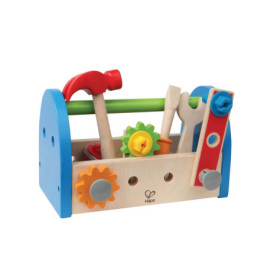 Holz-Werkzeugkasten mit buntem Werkzeug, Zahnrädern und Schrauben, incl. Hammer, Schraubenschlüssel, Schraubenzieher.