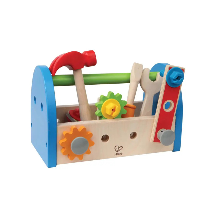 Holz-Werkzeugkasten mit buntem Werkzeug, Zahnrädern und Schrauben, incl. Hammer, Schraubenschlüssel, Schraubenzieher. Holz-Werkzeugkasten mit buntem Werkzeug, Zahnrädern und Schrauben, incl. Hammer, Schraubenschlüssel, Schraubenzieher.