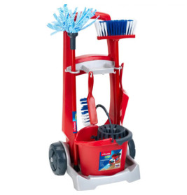 Putzwagen in Rot und Grau mit Mop, Eimer, Bürsten, Kehrblech und Rädern vor weißem Hintergrund.