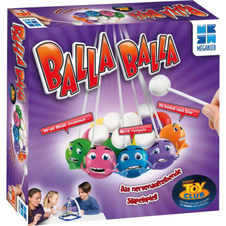Balla Balla Brettspielschachtel mit bunten, lachenden Kugeln und deutschem Text auf lila Hintergrund.