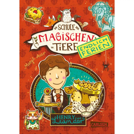 Farbiges Buchcover mit Junge, Gepard, magischen Tieren und dem deutschen Titel: Die Schule der magischen Tiere. Farbiges Buchcover mit Junge, Gepard, magischen Tieren und dem deutschen Titel: Die Schule der magischen Tiere.