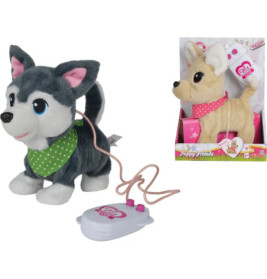 Zwei Plüschhunde mit grünen und pinken Halstüchern, einer mit Fernbedienung, einer in einer Box.