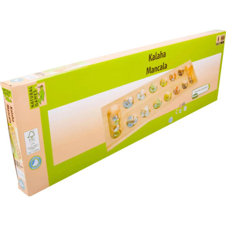 Rechteckige Schachtel für ein Kalaha-Mancala-Spiel mit Holzbrett und bunten Spielsteinen.