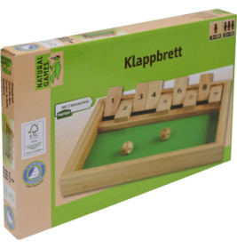 Klappbrett-Spielschachtel mit nummerierten Holzkacheln und Würfeln in Grün und Naturholzoptik.