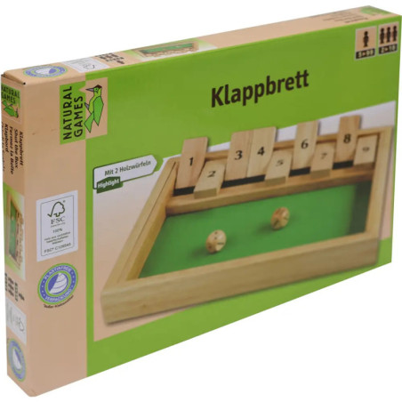 Klappbrett-Spielschachtel mit nummerierten Holzkacheln und Würfeln in Grün und Naturholzoptik.