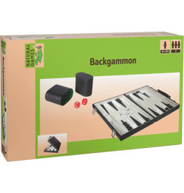 Backgammon-Spielschachtel mit Abbildung von Spielbrett, Würfeln und Steinen auf der Vorderseite.